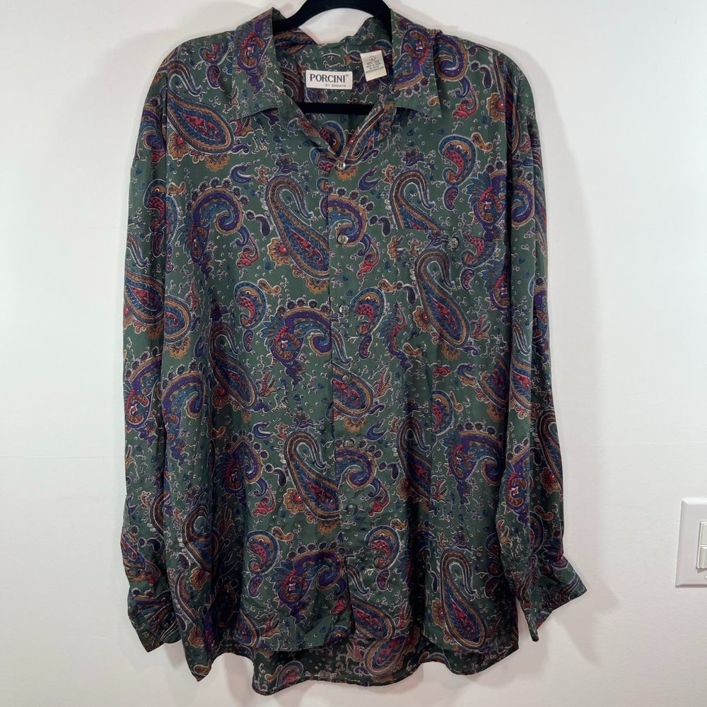 Mens Vintage Porcini By Brigata 100% Silk Shirt Paisley Button Up, L